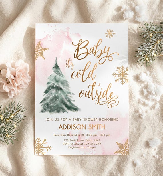 Editable Baby Its Cold Outside Baby Shower Invitation Winter Baby Shower Girl Blush Pink Gold Watercolor Tree Template Download Corjl 0363