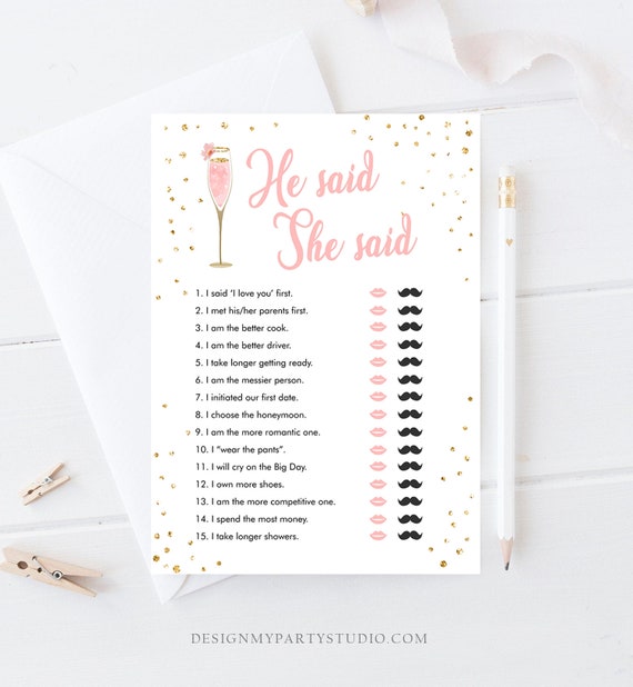 Editable He Said She Said Bridal Shower Game Brunch and Bubbly Bride or Groom Wedding Shower Activity Gold Corjl Template Printable 0150 Il_570xn