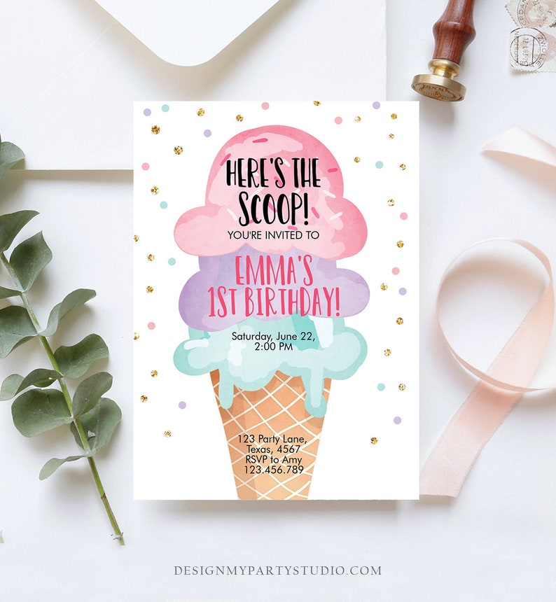 Editable Ice Cream Birthday Invitation First Birthday Party Here's the Scoop Cone Pink Mint Gold Purple Printable Template Corjl 0243 image 2
