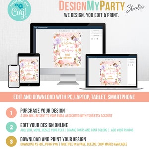 May include: A digital design template for a welcome sign featuring a fairy and flowers. The sign says "Welcome to Madison's First Birthday".