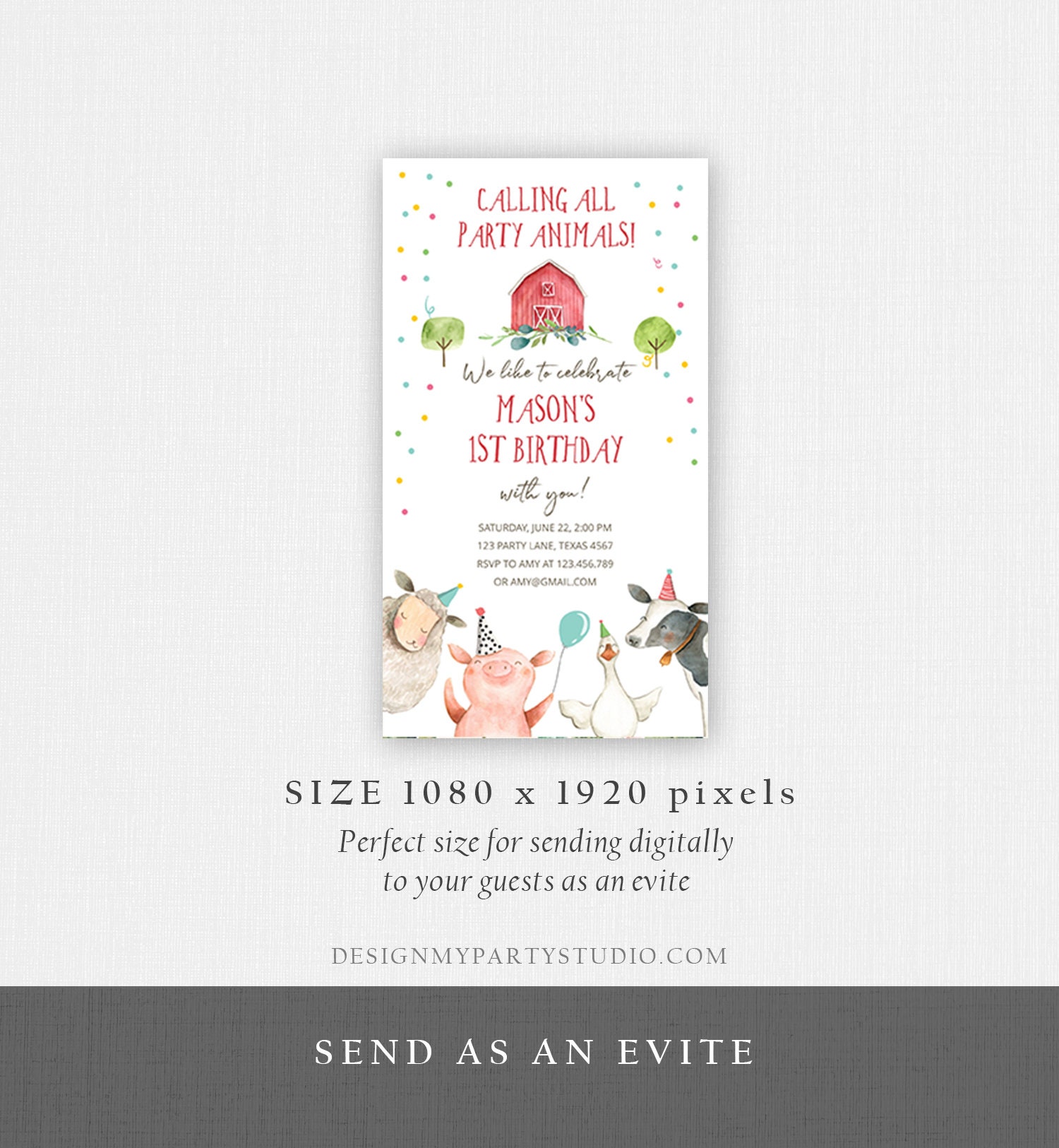 Editable Farm Birthday Evite Boy Farm Animals Red Barn Barnyard All ...