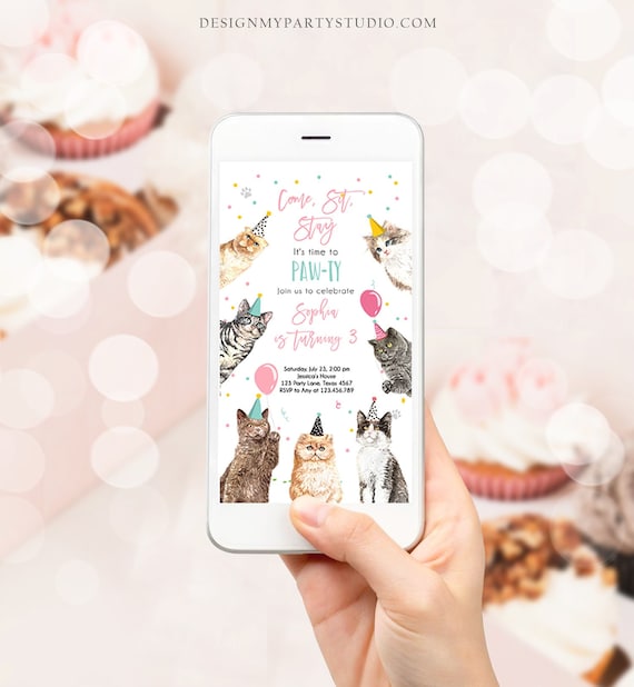 Editable Cat Birthday Party Evite Kitten Birthday Invitation Pink Girl Kitty Cat Invite Pet Download Template Phone Electronic Corjl 0384 Il_570xn