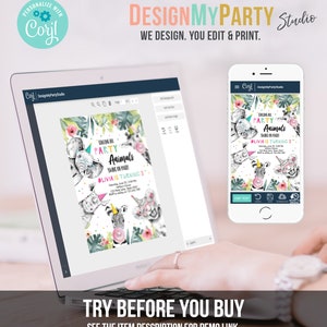 Puede incluir: Una pantalla de ordenador que muestra una invitaci&oacute;n colorida para una fiesta de cumplea&ntilde;os "Calling All Party Animals". La invitaci&oacute;n tiene un tema de selva con animales como una cebra, un elefante y un rinoceronte. El texto de la invitaci&oacute;n dice "Olivia cumple 3 a&ntilde;os".