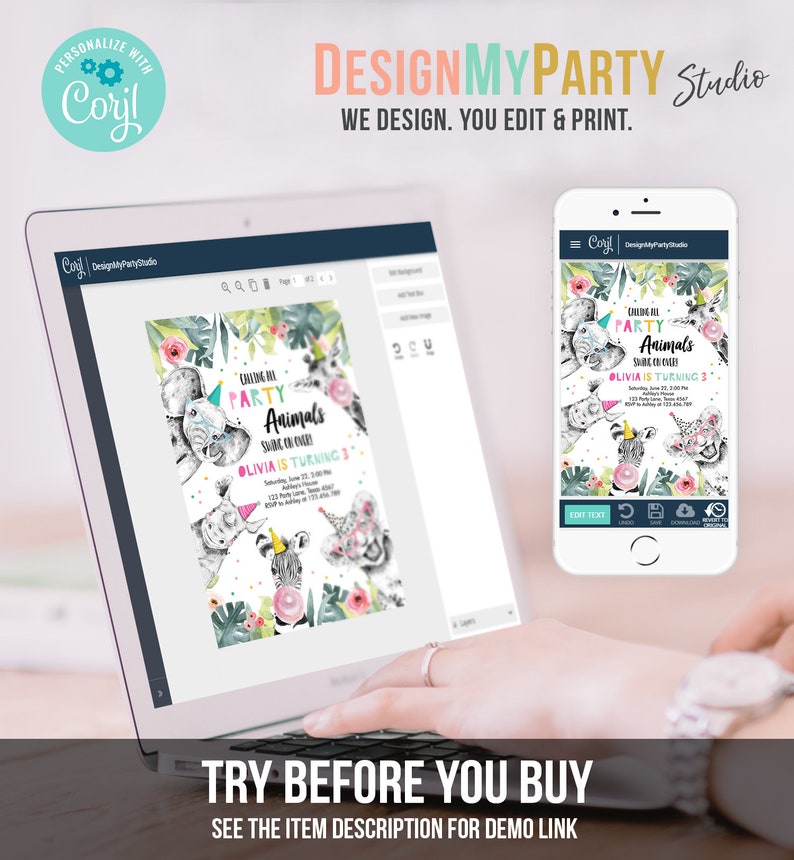 Puede incluir: Una pantalla de ordenador que muestra una invitaci&oacute;n colorida para una fiesta de cumplea&ntilde;os "Calling All Party Animals". La invitaci&oacute;n tiene un tema de selva con animales como una cebra, un elefante y un rinoceronte. El texto de la invitaci&oacute;n dice "Olivia cumple 3 a&ntilde;os".
