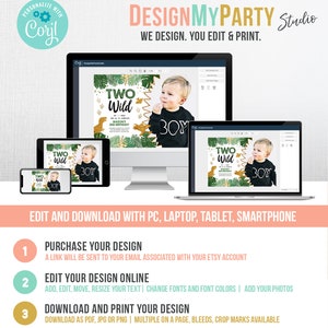 May include: A digital mockup of a printable invitation for a boy's second birthday party. The invitation features a jungle theme with green leaves, gold dinosaur silhouettes, and the text "Two Wild".
