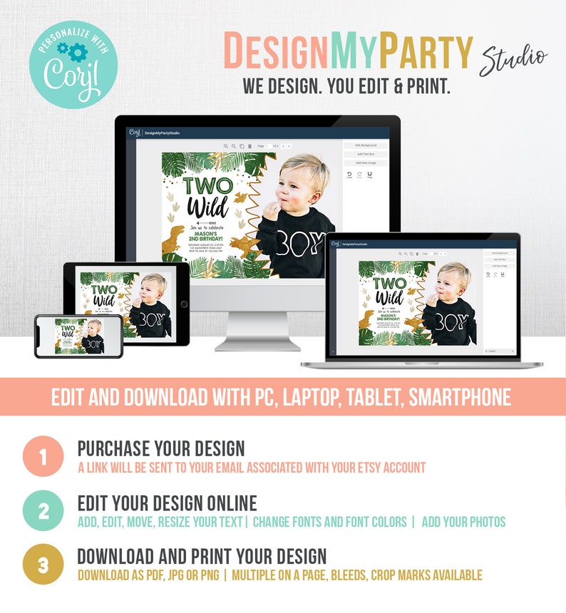 May include: A digital mockup of a printable invitation for a boy's second birthday party. The invitation features a jungle theme with green leaves, gold dinosaur silhouettes, and the text "Two Wild".
