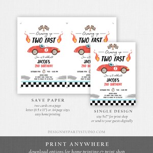 May include: Two printable invitations for a 2nd birthday party with a race car theme. The invitations are red, white, and blue with a checkered flag pattern. The text on the invitations reads "Growing up Two Fast" and "Join us to celebrate Jacob's 2nd Birthday".