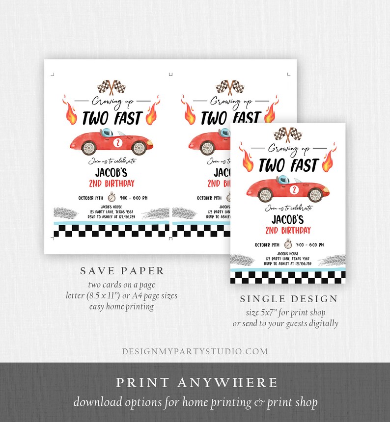 May include: Two printable invitations for a 2nd birthday party with a race car theme. The invitations are red, white, and blue with a checkered flag pattern. The text on the invitations reads "Growing up Two Fast" and "Join us to celebrate Jacob's 2nd Birthday".