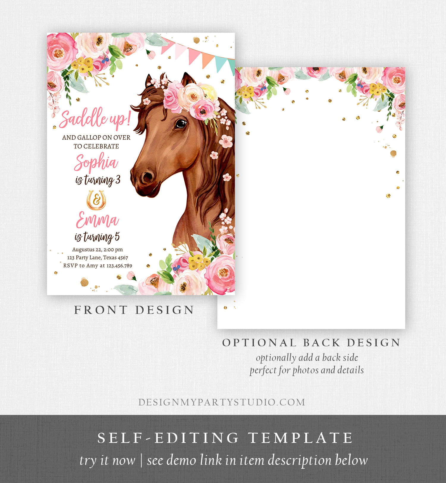 Editable Horse Birthday Invitation Girl Saddle up Watercolor - Etsy