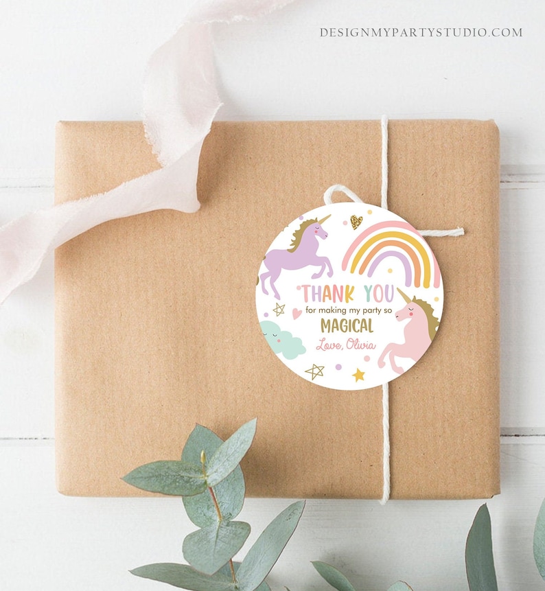 May include: Round thank you tag with a unicorn, rainbow, and clouds. The tag says "Thank you for making my party so magical. Love, Olivia."