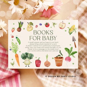 編集可能な Baby in Bloom ブックカードを持ってくる Bloom ベビーシャワーブックインサート 赤ちゃんのための本 ファーマーズマーケット ニュートラルデジタルテンプレート 印刷可能 0544