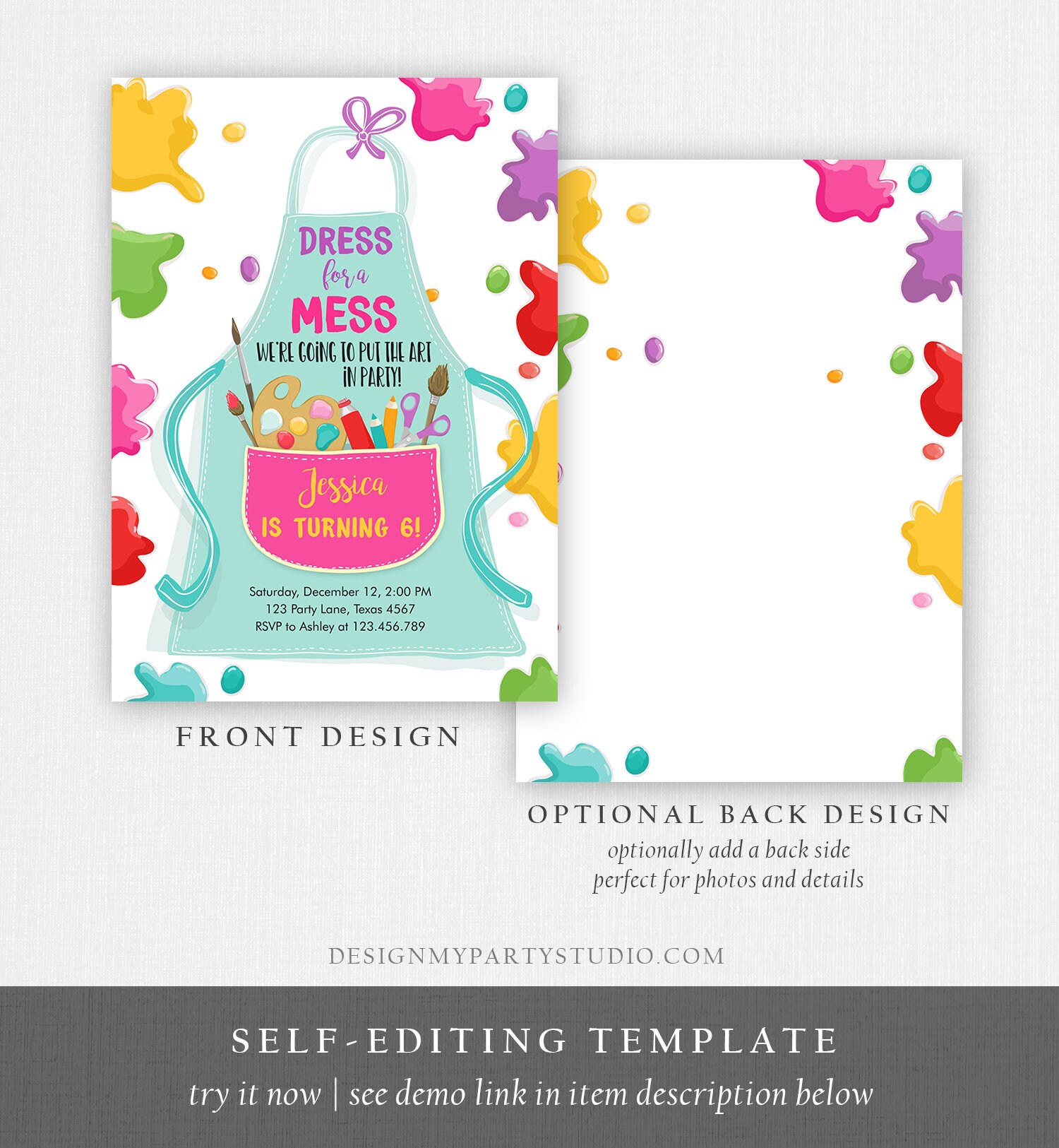 Editable Painting Party Evite Art Party Birthday Invitation Girl Paint