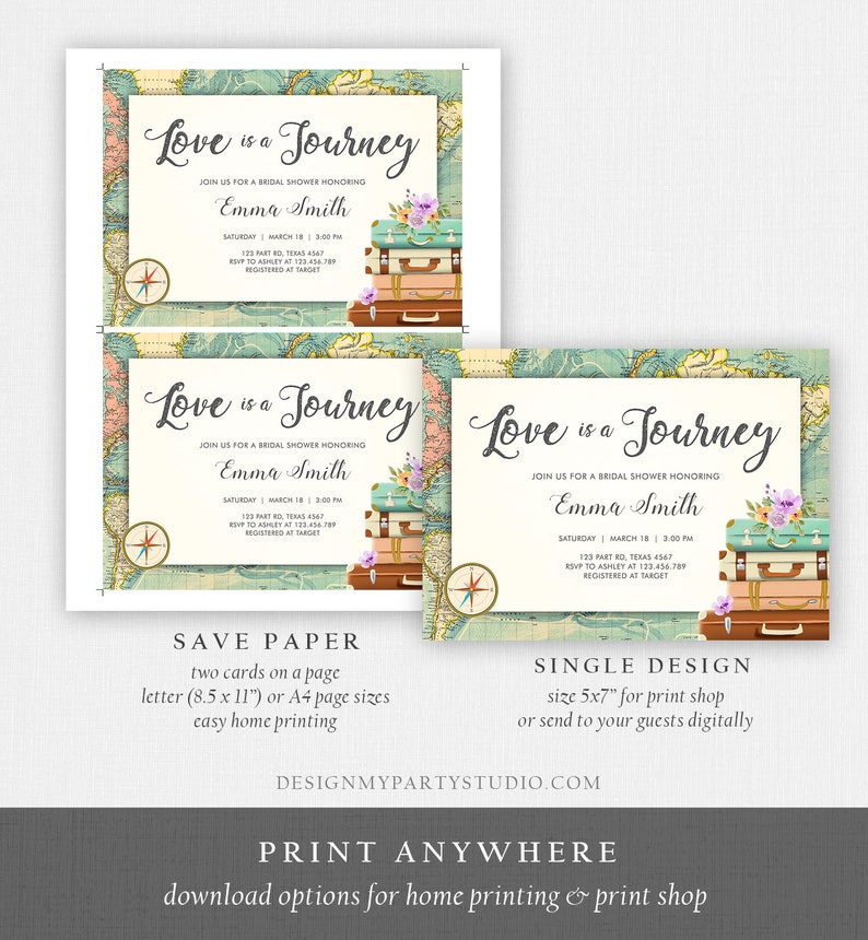 Editable Love is a Journey Bridal Shower Invitation World Map Suitcase Vintage Adventure Purple Lilac Floral Template Corjl Printable 0044 image 7