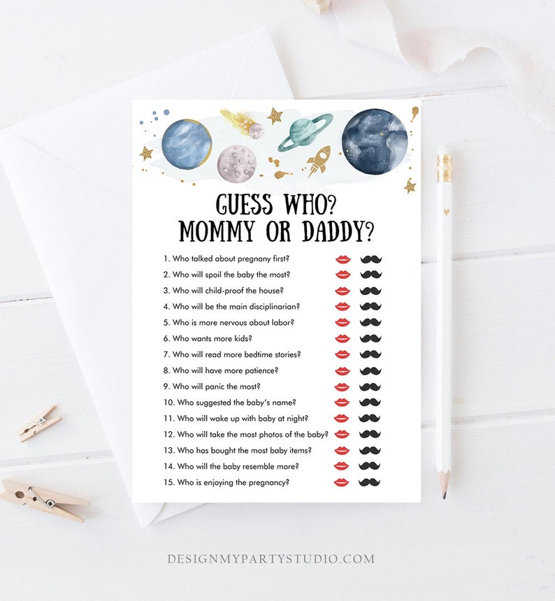 May include: A printable baby shower game with a space theme. The game asks guests to guess who will do certain things, like who will spoil the baby the most, who will read more bedtime stories, and who will panic the most. The game features a blue, green, and gray watercolor background with planets, stars, and a rocket ship.