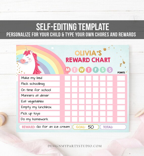 Editable Unicorn Reward Chart for Girls Unicorn Chore Chart for Kids Routine Chart Pink Purple Rainbow Gold Printable Corjl Template 0323 Il_570xn