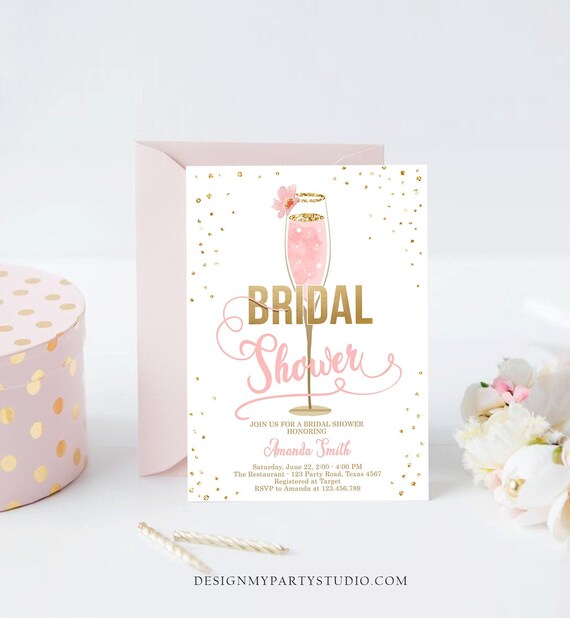 Editable Brunch and Bubbly Bridal Shower Invitation Floral Champagne Gold Pink Wedding Download Printable Template Digital Corjl 0150 Il_570xn