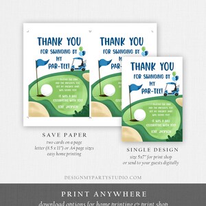 May include: Golf-themed thank you cards with a golf course illustration. The cards feature text that reads "Thank You for Swinging by My Par-Tee!" and include a golf ball, flag, and golf cart. The cards are available in multiple sizes.