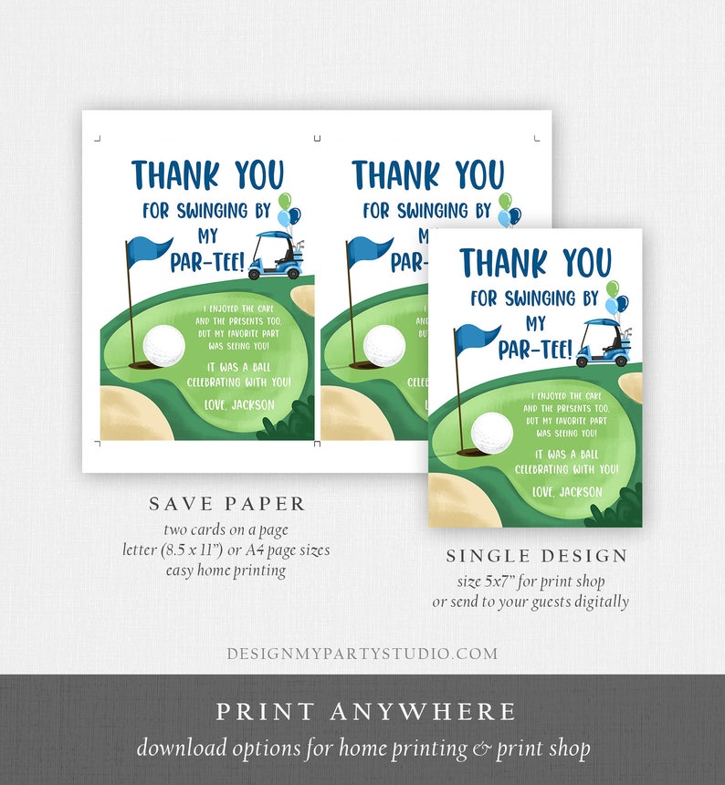 May include: Golf-themed thank you cards with a golf course illustration. The cards feature text that reads "Thank You for Swinging by My Par-Tee!" and include a golf ball, flag, and golf cart. The cards are available in multiple sizes.