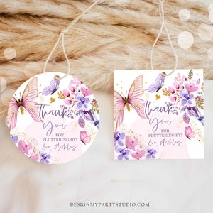 Etiquetas de lembrança de borboleta editáveis, borboleta floral, aniversário, agradecimento, chá de jardim, rosa, dourado, roxo, esvoaçante, por modelo, IMPRIMÍVEL 0437