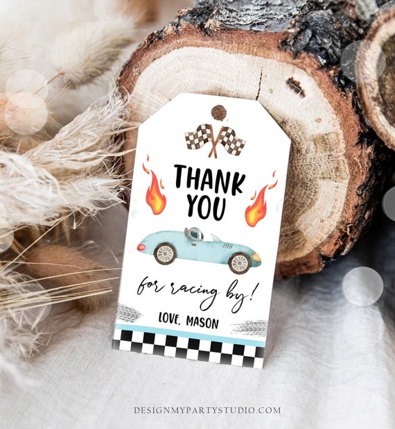 Editable Racing Favor Tags Race Car Birthday Thank you Label Two Fast 2  Curious Gift tags Blue Race Cars 2nd Template Corjl PRINTABLE 0424 by  Design My Party Studio | Catch My Party