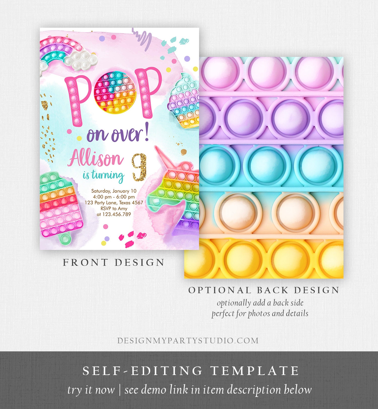 Paper & Party Supplies pop it party electronic invite Pop it corjl template pop fidget toy