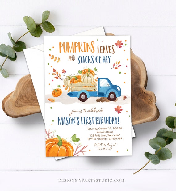 Editable Pumpkin Birthday Invitation Boy Fall Boy Pumpkin Truck Birthday Party Blue Orange Download Printable Invitation Corjl Template 0153 Il_570xn