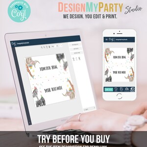 May include: A computer screen displaying a design template for printable party favor tags. The template features a white background with colorful confetti and illustrations of animals wearing party hats. The text "YOUR TEXT HERE" is displayed on the template. The screen is on a laptop computer with a keyboard and a hand hovering over the keyboard. The text "TRY BEFORE YOU BUY" is displayed below the laptop. The text "SEE THE ITEM DESCRIPTION FOR DEMO LINK" is displayed below the text "TRY BEFORE YOU BUY".