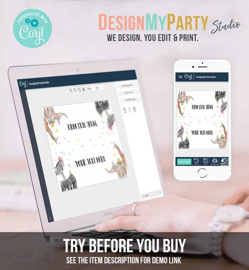 May include: A computer screen displaying a design template for printable party favor tags. The template features a white background with colorful confetti and illustrations of animals wearing party hats. The text "YOUR TEXT HERE" is displayed on the template. The screen is on a laptop computer with a keyboard and a hand hovering over the keyboard. The text "TRY BEFORE YOU BUY" is displayed below the laptop. The text "SEE THE ITEM DESCRIPTION FOR DEMO LINK" is displayed below the text "TRY BEFORE YOU BUY".
