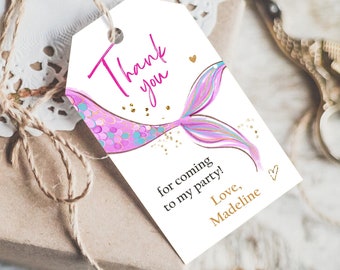 Editable Mermaid Birthday Favor Tags Under The Sea Thank you tags Mermaid Party Girl Pink Purple Gold Download Template Corjl PRINTABLE 0403