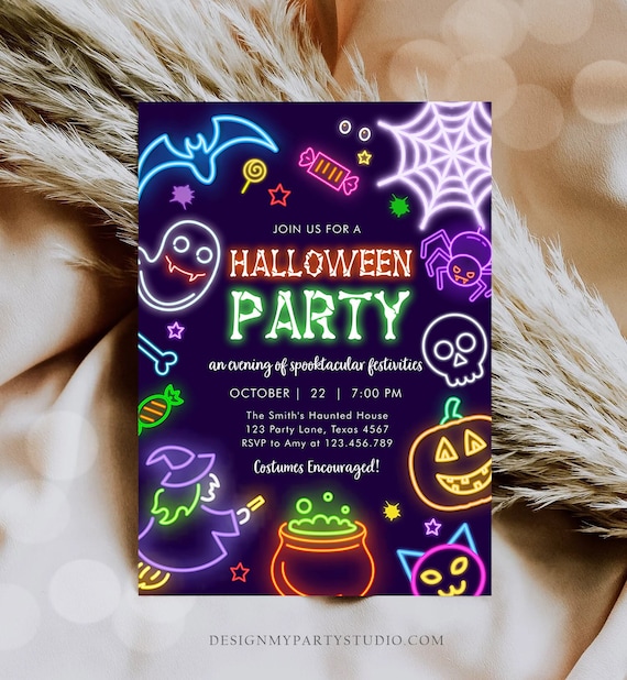 Editable Neon Halloween Party Invitation Costumes And Cocktails Adult Spooktacular Boos Or Brews Digital Template Printable 0474 0009