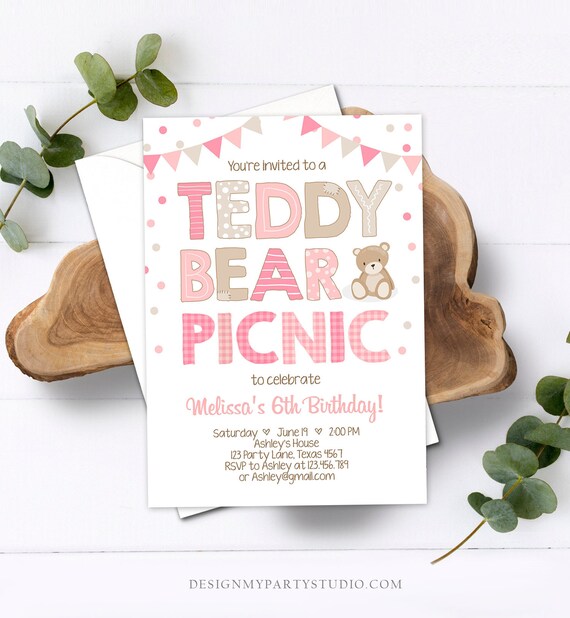Editable Teddy Bear Picnic Birthday Invitation Girl Pink Bear Birthday Picnic Summer Outdoor Party Printable Digital Corjl Template 0100 Il_570xn