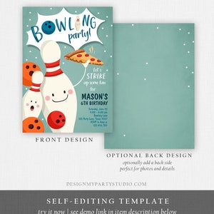 May include: A blue and white bowling-themed birthday party invitation with a cartoon illustration of bowling pins and a bowling ball. The text on the invitation reads "Bowling party! Let's strike up some fun for Mason's 6th Birthday".