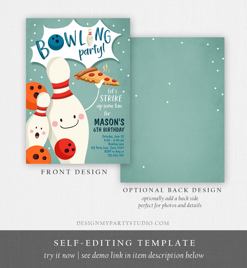 May include: A blue and white bowling-themed birthday party invitation with a cartoon illustration of bowling pins and a bowling ball. The text on the invitation reads "Bowling party! Let's strike up some fun for Mason's 6th Birthday".