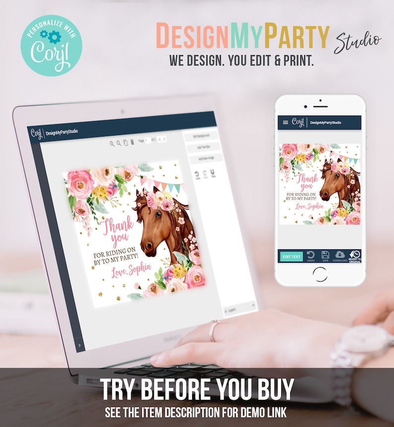 Puede incluir: Una plantilla de dise&ntilde;o digital para una tarjeta de agradecimiento con un caballo con una corona de flores y el texto "&iexcl;Gracias por venir a mi fiesta! Con cari&ntilde;o, Sophia".