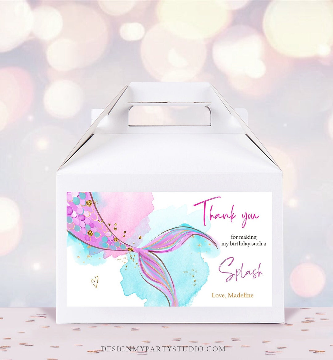 Mermaid Gable Gift Box Label Pink Mermaid Birthday Girl Favor Box Label ...