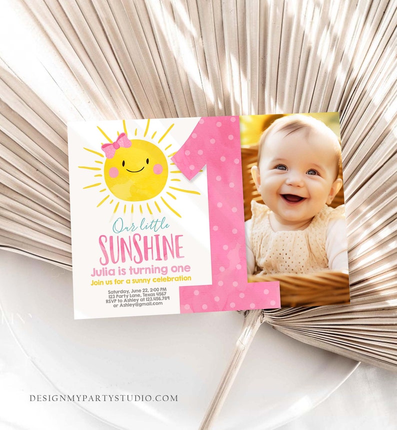 Editable Our Little Sunshine Birthday Invitation Sunshine Party Pink Girl Summer First Birthday Download Printable Corjl Template 0141 image 4