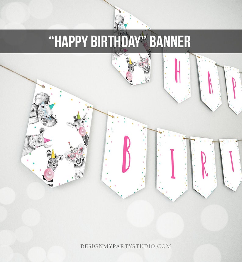 May include: A white banner with pink letters spelling "Happy Birthday" with a colorful confetti pattern. The banner features a design of animals wearing party hats and blowing bubbles.