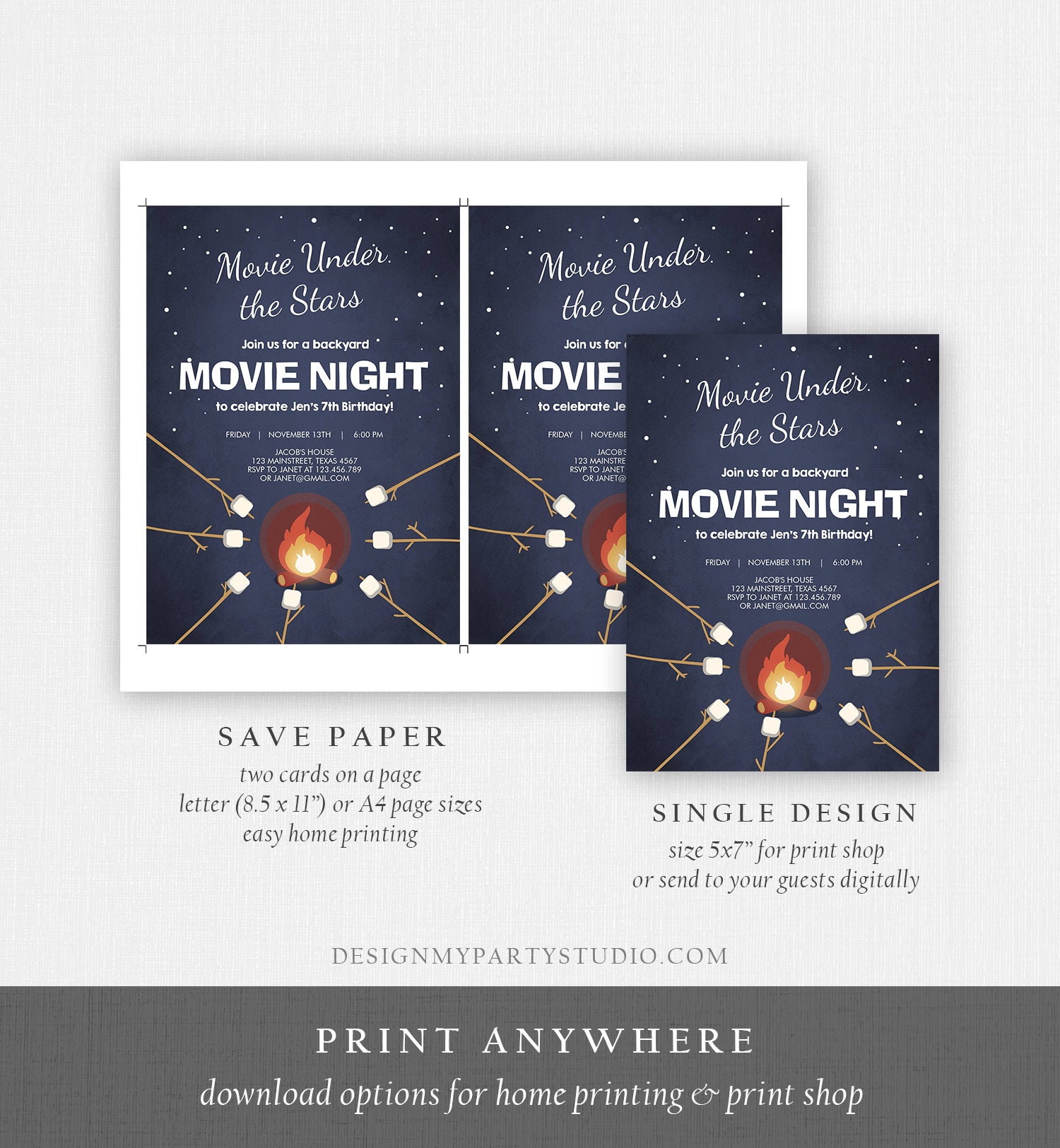 Editable Movie Night Birthday Invitation Under the Stars Bonfire ...