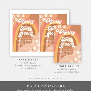 May include: A set of birthday party invitations with a retro theme. The design features a rainbow, daisies, and the words "Marley is Two Groovy." The invitations are available in two formats: save paper and single design.