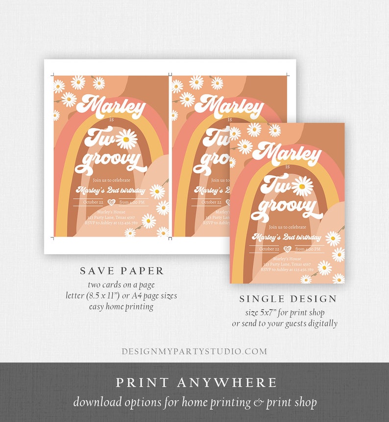 May include: A set of birthday party invitations with a retro theme. The design features a rainbow, daisies, and the words "Marley is Two Groovy." The invitations are available in two formats: save paper and single design.