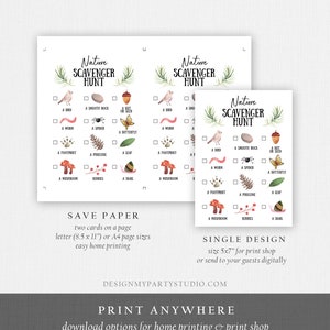 May include: Two printable nature scavenger hunt cards with a checklist of items to find, such as a bird, a smooth rock, a nut or seed, a worm, a spider, a butterfly, a footprint, a pinecone, a leaf, a mushroom, berries, and a snail. The cards are designed for easy home printing or can be printed at a print shop.