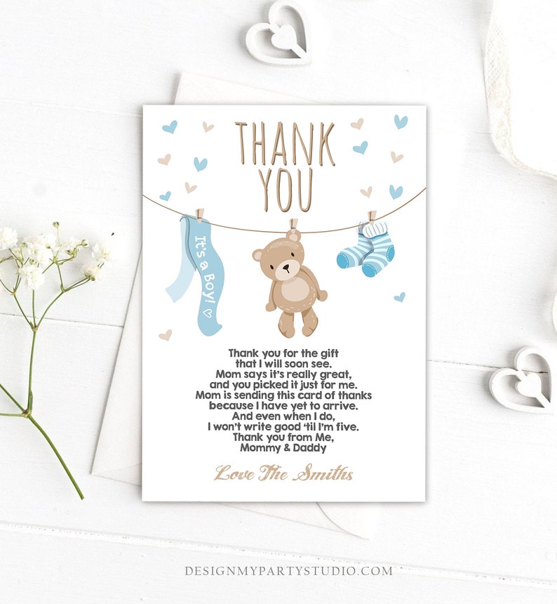 Editable Baby Shower Thank You Card Teddy Bear Thank You