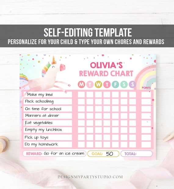 editable unicorn reward chart for girls unicorn chore chart for kids routine chart pink purple rainbow gold printable corjl template 0336 by design my party studio catch my party
