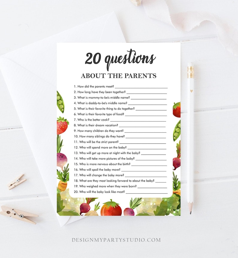 Editable Questions About the Parents Baby Shower Game Locally Grown Farmers Market Fruit Vegetables Farm Barn Corjl Template Printable 0144 image 1