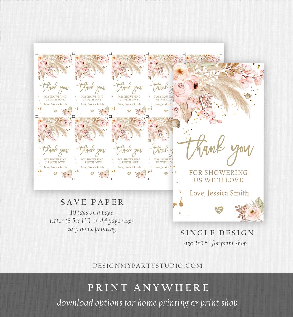 Editable Pampas Grass Favor Tag Baby Shower Thank You Tags Boho ...