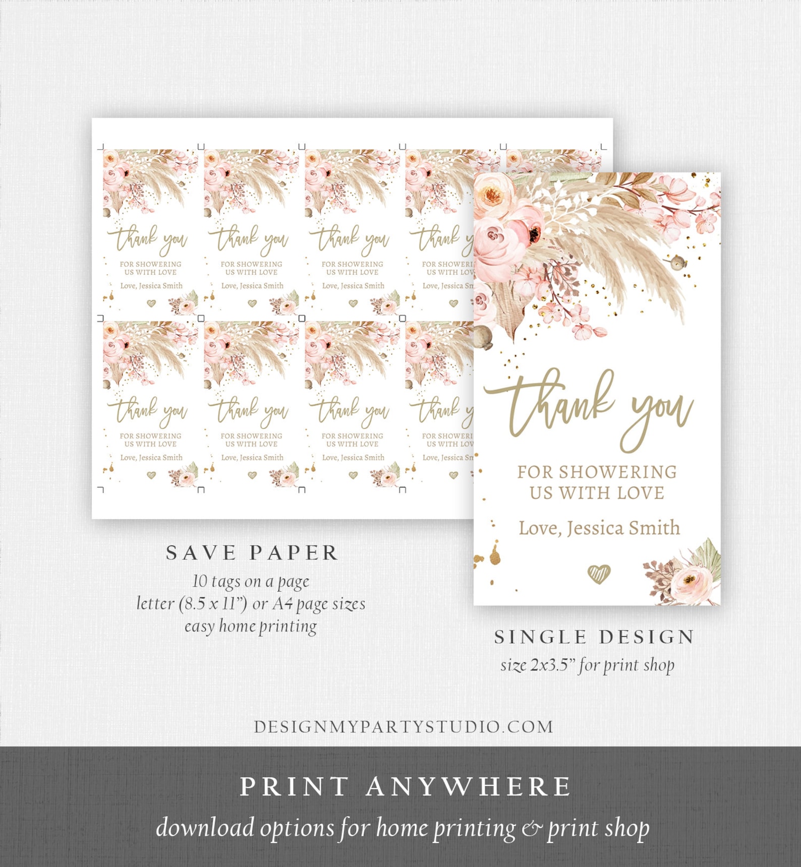 Editable Pampas Grass Favor Tag Baby Shower Thank You Tags Boho ...
