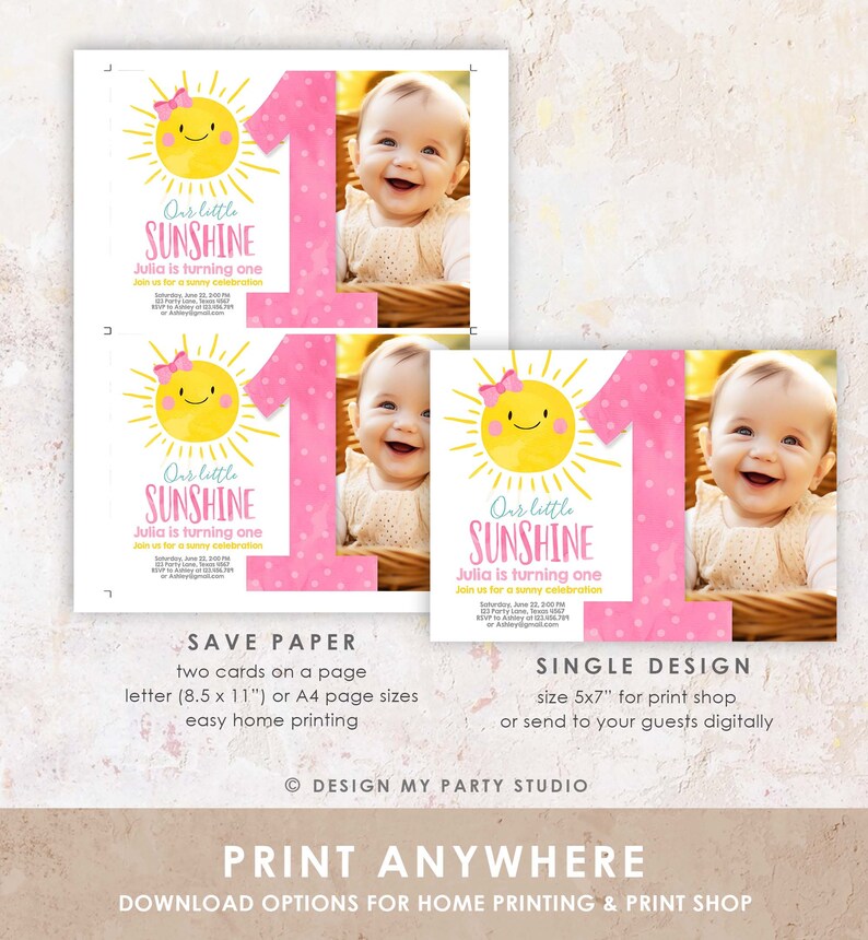 Editable Our Little Sunshine Birthday Invitation Sunshine Party Pink Girl Summer First Birthday Download Printable Corjl Template 0141 image 6