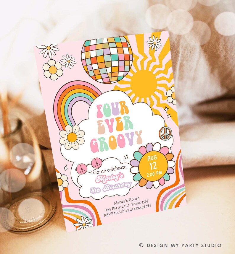 Editable Four Ever Groovy Birthday Invitation 4th Birthday Retro ...