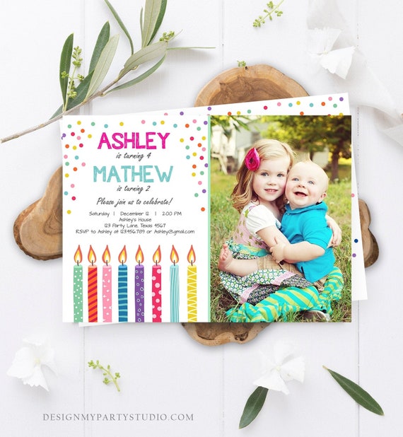Editable Joint Twin Birthday Invitation Twins Confetti Siblings