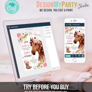 Puede incluir: Una plantilla de dise&ntilde;o digital para una invitaci&oacute;n de cumplea&ntilde;os con un caballo marr&oacute;n con una corona de flores rosas y un par de botas de vaquero. El texto de la invitaci&oacute;n dice "Saddle up! And gallop on over to celebrate Sophia is turning 3".